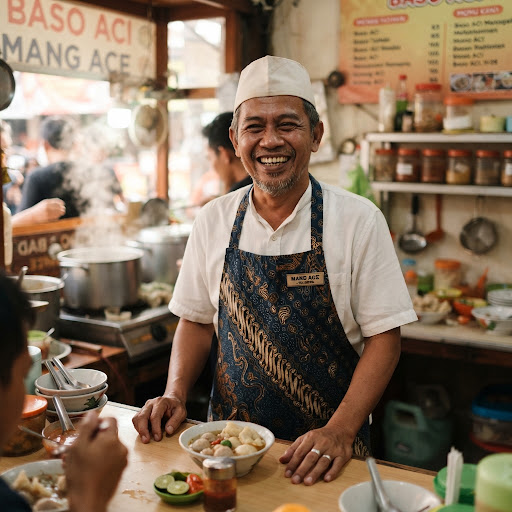 Mang Ace berdiri di belakang gerobak tradisionalnya
