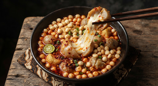 Baso Aci Mozzarella Mercon dengan keju mozzarella lumer dan kuah super pedas